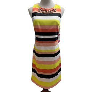 VINCE CAMUTO NEW $148 Sz 4 Black Orange Multi Striped Jeweled Neck Sheath Dress
